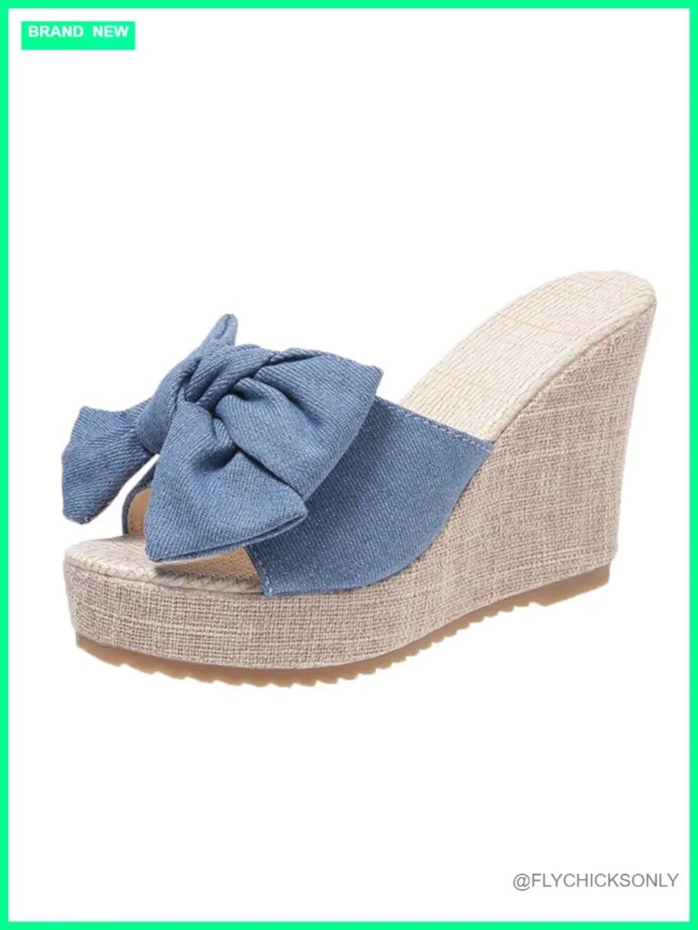 Denim Faux Leather Bow Wedge Sandals Platform Mules Open Toe Slip On Casual
